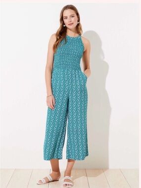 LOFT Teal Printed Halter Wide-Leg Jumpsuit
